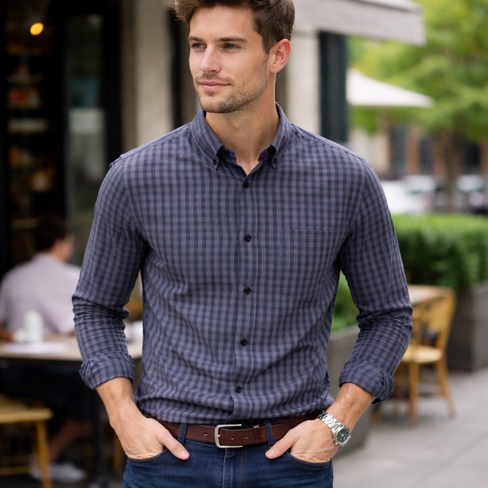 Nat Nast Men’s Navy Gray Stripe Long Sleeve Button-Down Shirt | Size M